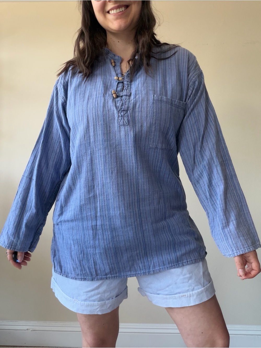 Vintage Light Blue Striped Cotton Tunic Top – Casual Women’s Shirt